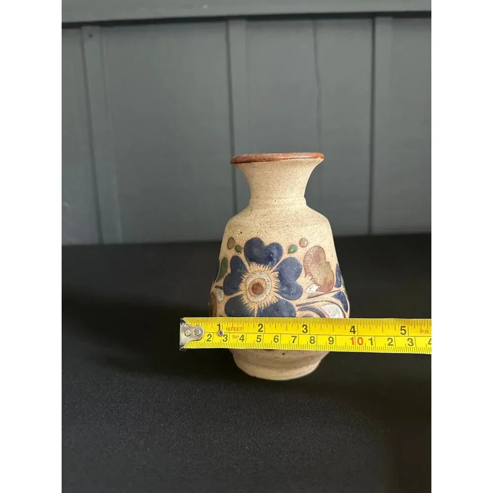 Vintage Mexican Tonala Sandstone Bud Vase Hand Painted Floral Folk Art Pottery - Picture 8 of 9